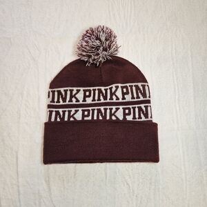 PINK Victoria's Secret Maroon and White Beanie